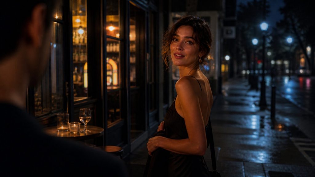 Late-night bar closing scene symbolizing the first-date chemistry and nervous excitement in “drop dead”.