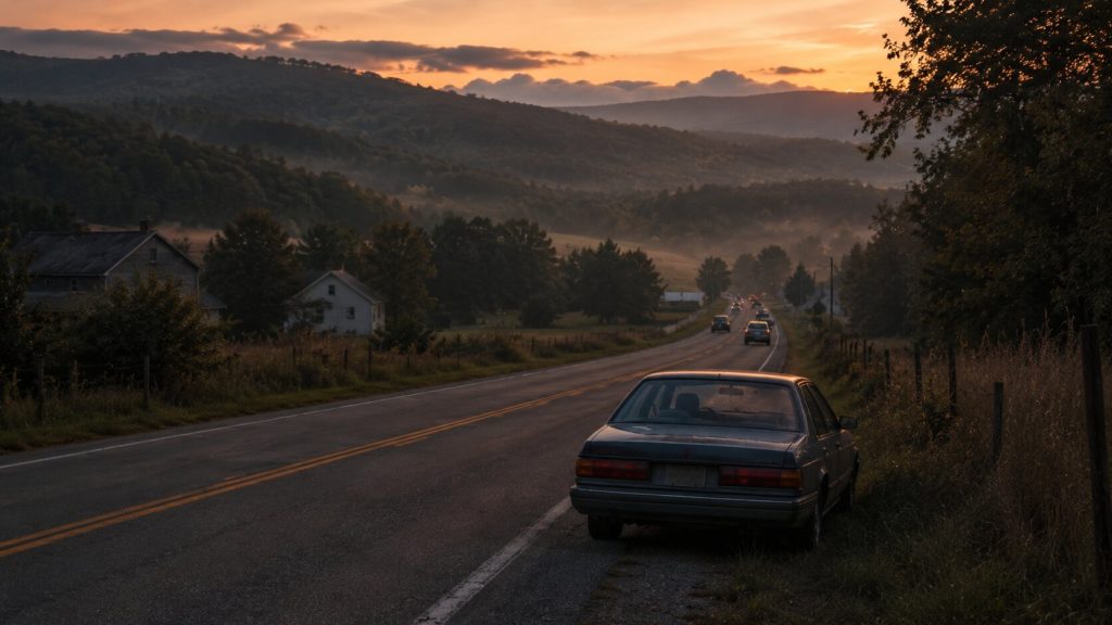 Late-summer Vermont county road with cars leaving town, reflecting tourism, local identity, and belonging in Noah Kahan’s “End of August”