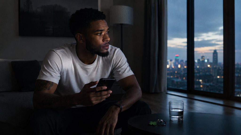 Man holding a phone at dawn, symbolizing the sober aftermath and romantic uncertainty in F3miii’s “Noble”