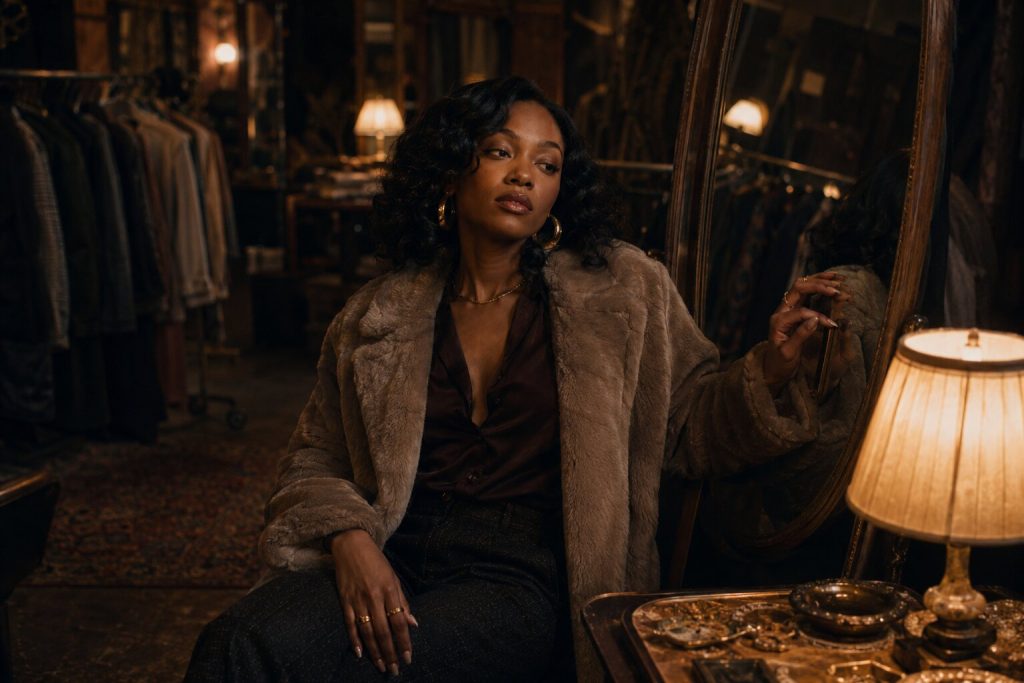 Elegant woman in thrifted fashion and gold jewelry, reflecting the style, dignity, and composure described in F3miii’s “Noble”