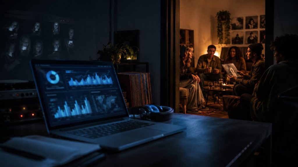 Cold streaming analytics contrasted with a warm intimate fan gathering showing fake music promotion versus real fan growth.
