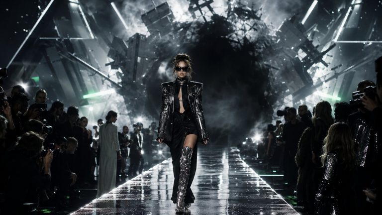 Futuristic runway with reflective fashion grandeur