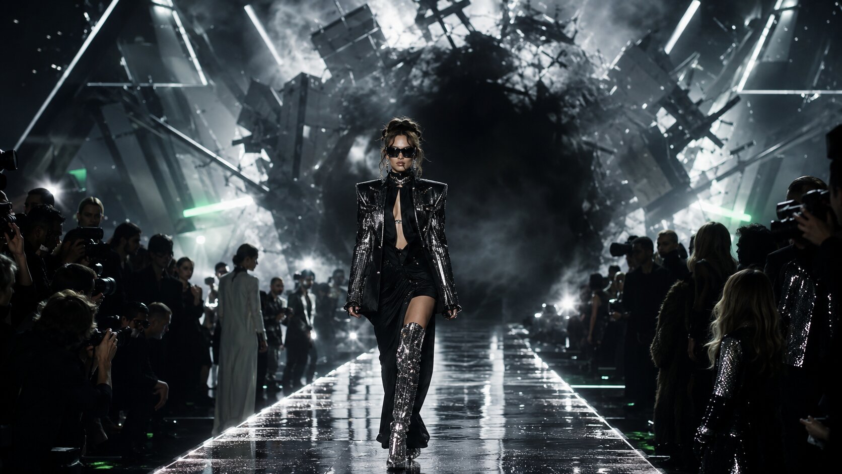 Futuristic runway with reflective fashion grandeur