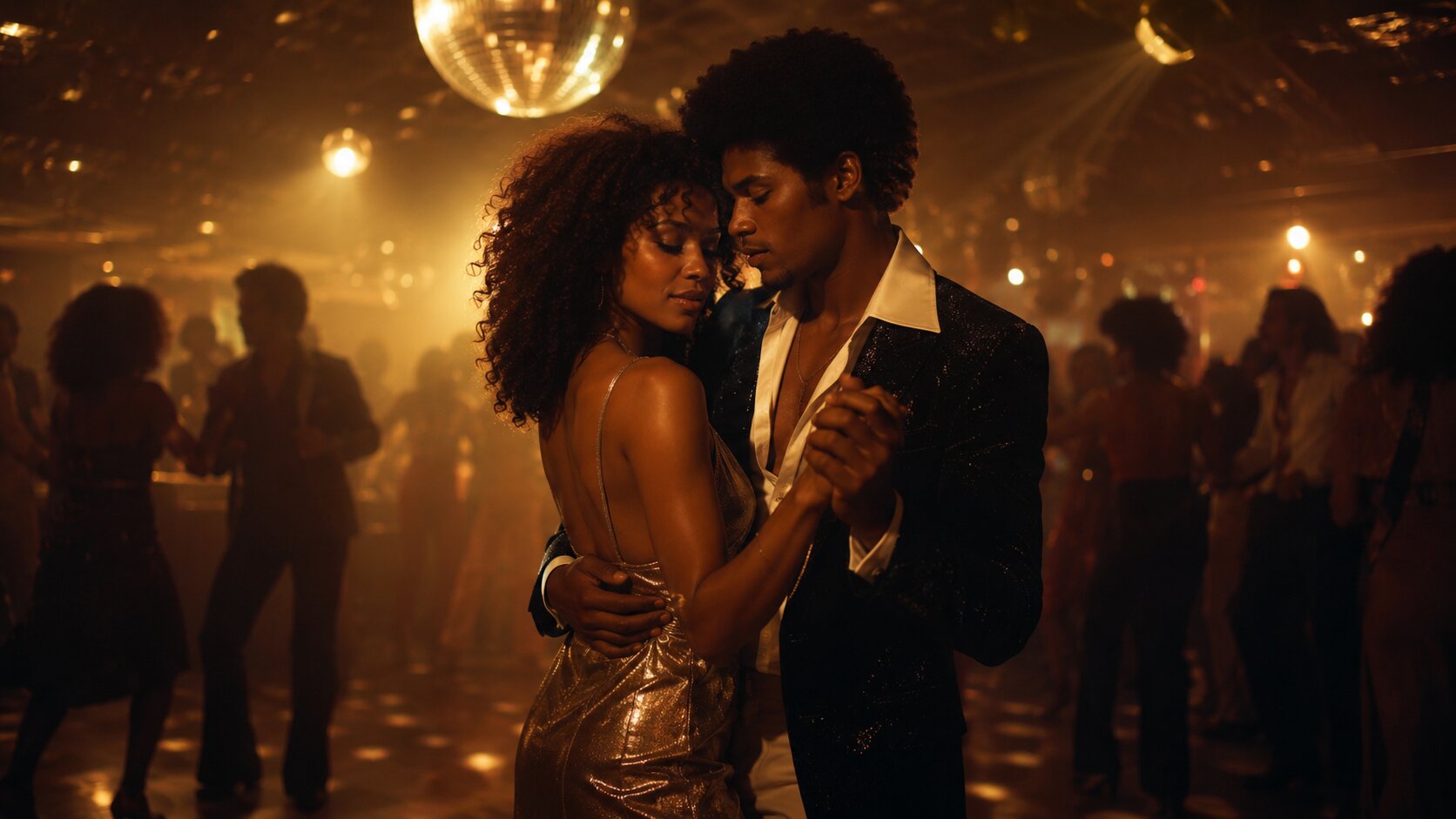 Golden disco embrace in warm haze