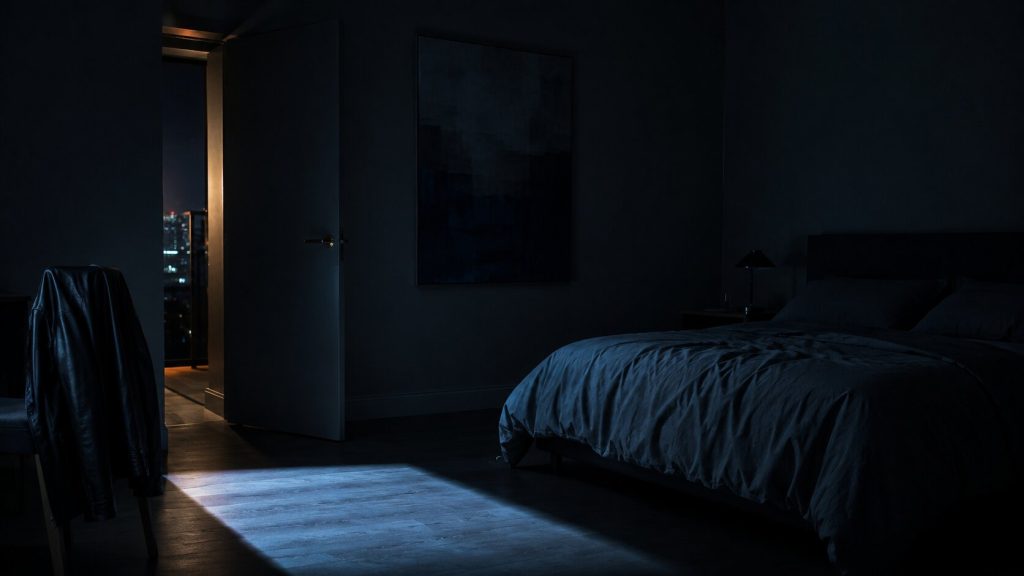 Dim nighttime room with an open door and city light, representing confinement and escape in “Human Nature”