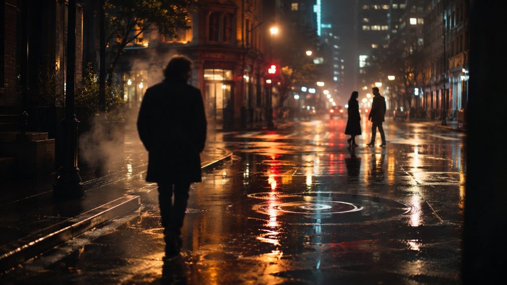 Anonymous figure walking through a rain-lit city street, symbolizing the repeated question of desire in “Human Nature”