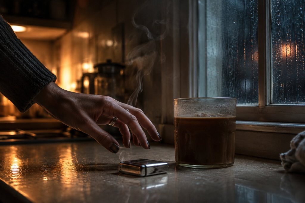 A hand hesitates near an old lighter, symbolizing memory and emotional relapse in “I Can’t Love You Anymore”