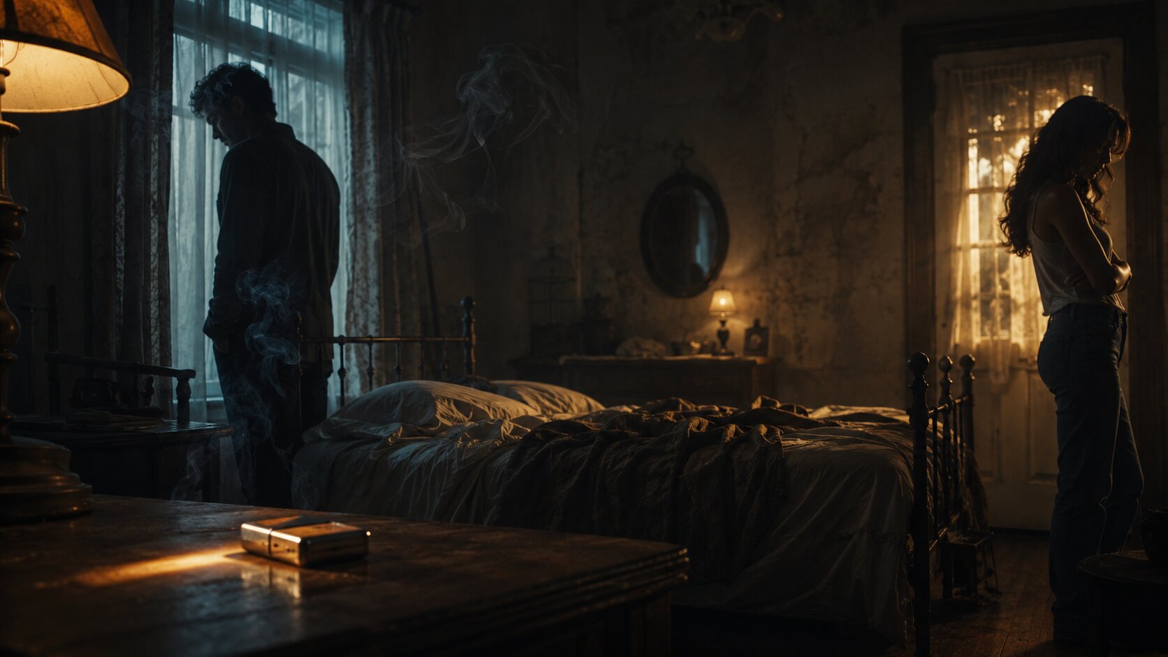 Cinematic bedroom scene with smoke, a lighter, and two distant figures symbolizing the meaning of “I Can’t Love You Anymore”