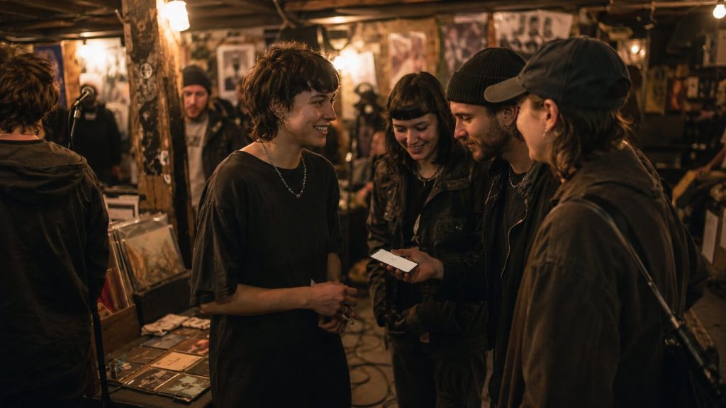Independent artist building real fan relationships at a small local music community event.