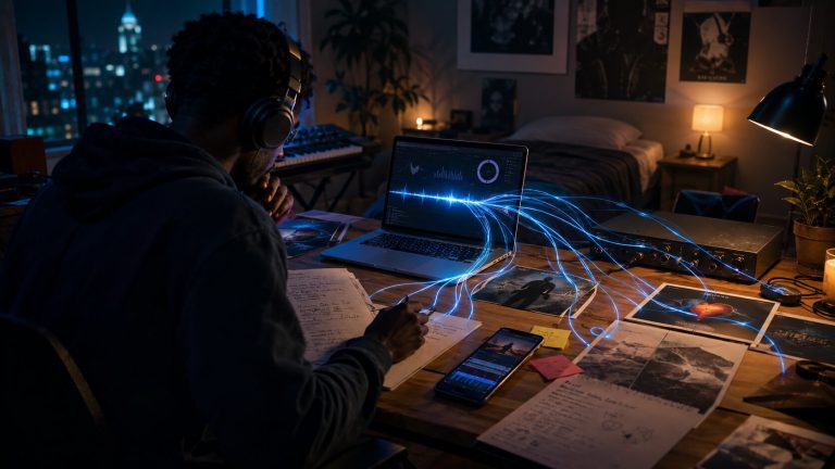 Independent musician planning a low-budget music promotion campaign in a late-night home studio.