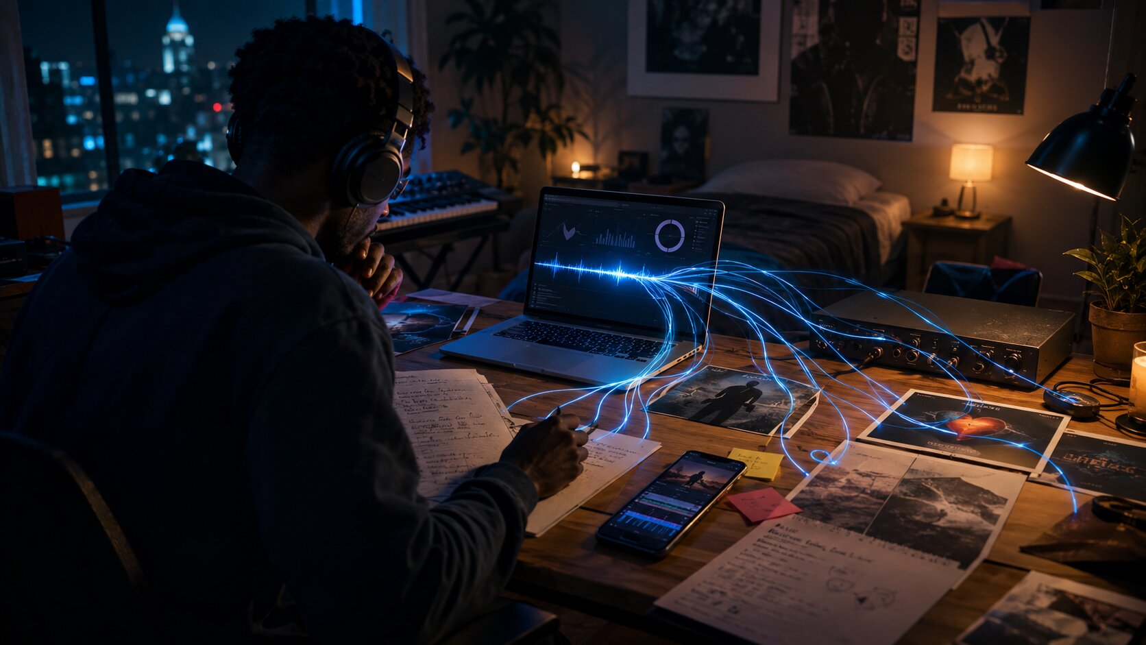 Independent musician planning a low-budget music promotion campaign in a late-night home studio.