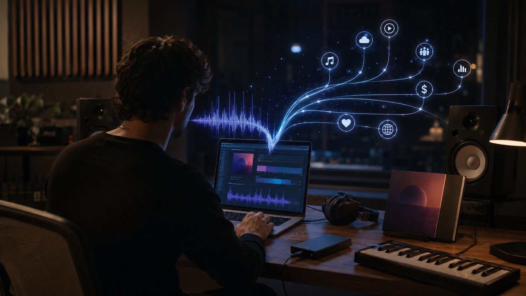 Independent artist preparing a music release through a digital distribution dashboard in a cinematic home studio.