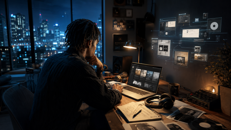 Independent musician preparing a professional music pitch campaign for blogs, playlists, and curators in a cinematic home studio.