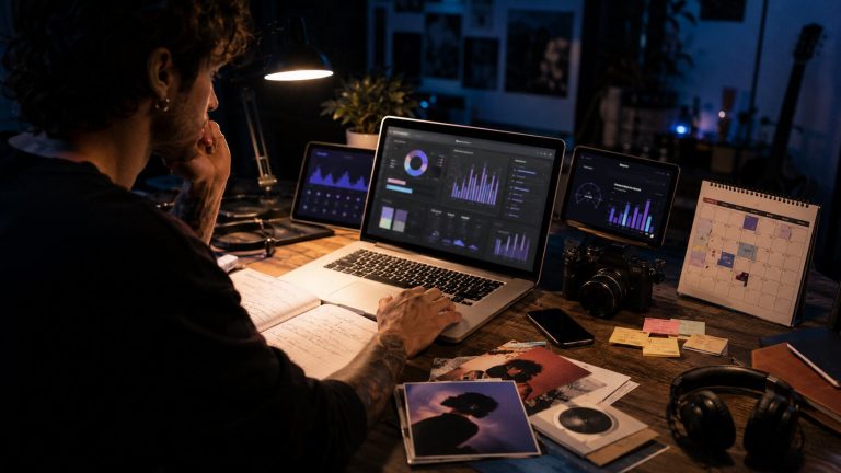 Independent artist planning a music release campaign at a late-night desk with analytics, artwork, calendar notes, and headphones.