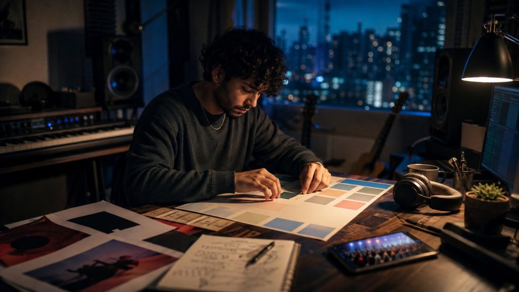 Independent artist planning a music release schedule in a cinematic home studio.