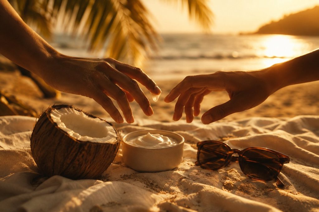 Coconut and vanilla beach still life representing the sweet sensual imagery in Omar Courtz’s “KOKO”