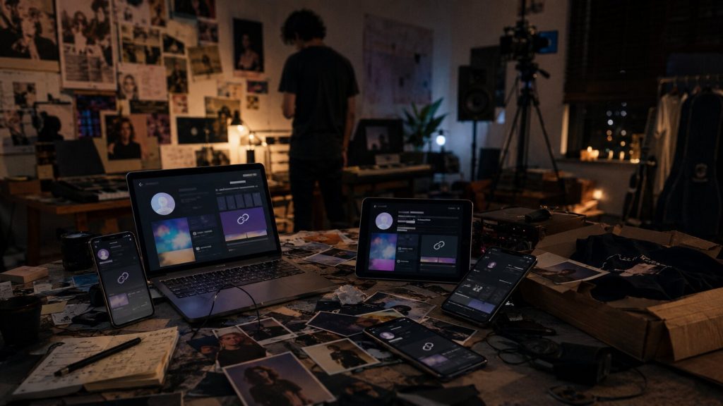 Scattered artist profiles and broken digital links in an independent musician’s studio showing a messy music promotion ecosystem.