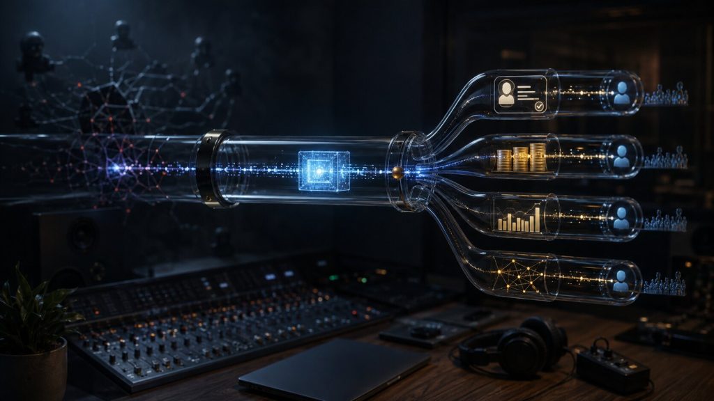 Symbolic digital music distribution pipeline showing clean royalty tracking and risks from artificial streaming.