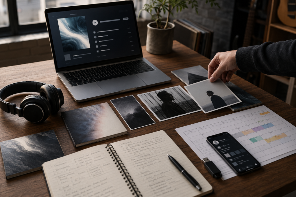 Organized music pitch kit with press photos, artwork, release planning notes, and digital assets for curator outreach.