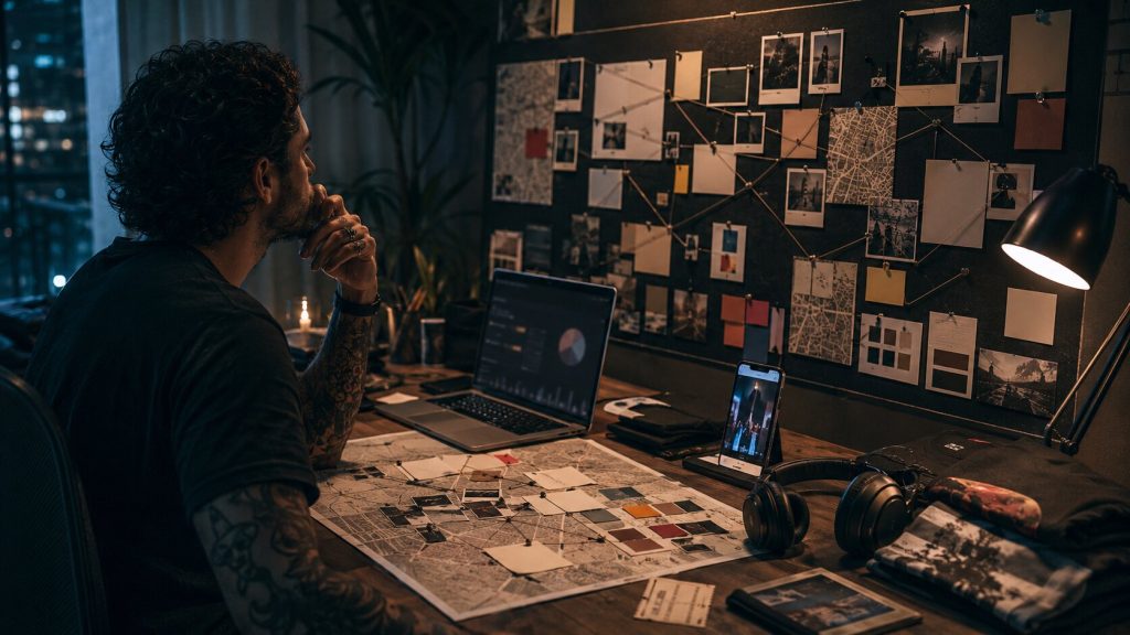 Artist mapping a listener journey for a music release campaign with content cards, audience notes, and digital promotion tools.