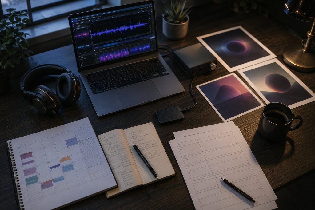 Organized music release planning desk with audio master, artwork proofs, metadata notes, and release calendar.
