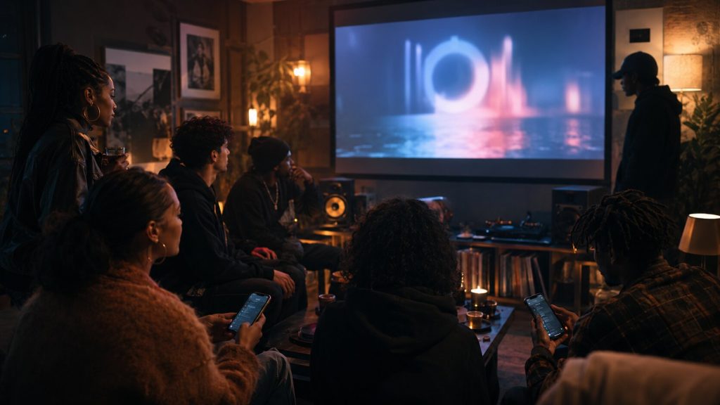 Fans and an independent artist watching a music video Premiere together in an intimate release event