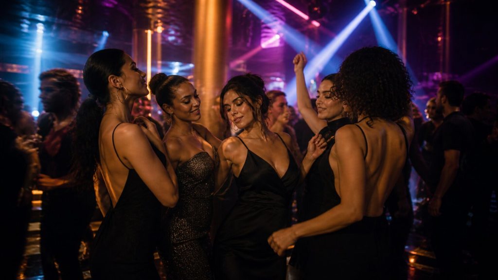 A circle of confident women dancing in a club, symbolizing the empowerment and boundary-setting message of No Broke Boys.