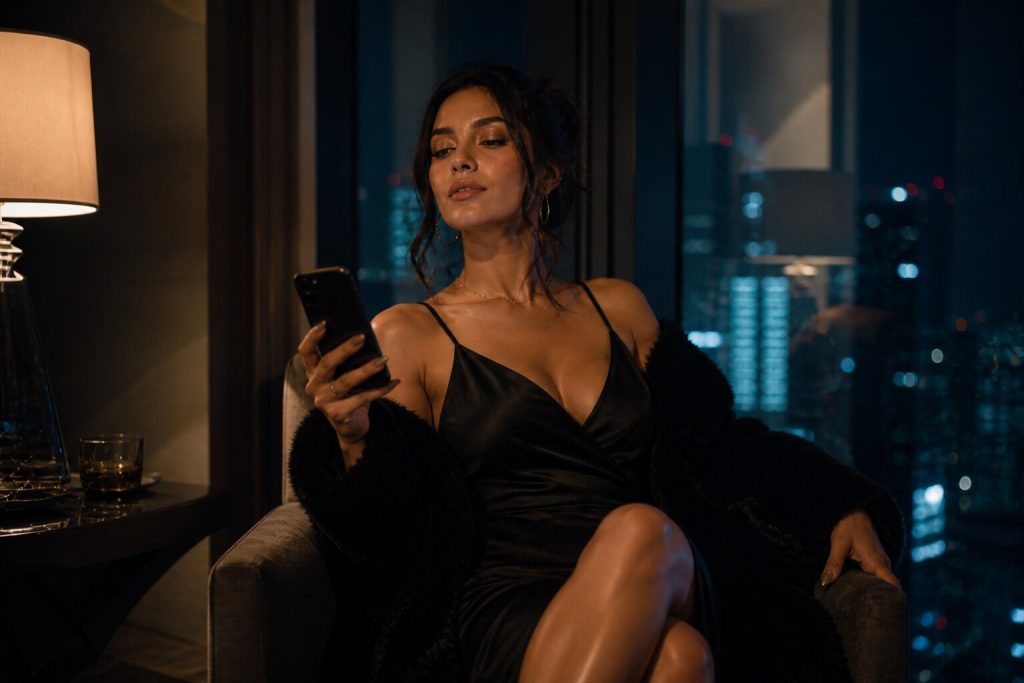 A confident woman ignores an unread message at night, reflecting the self-worth theme in No Broke Boys by Tinashe and Disco Lines.