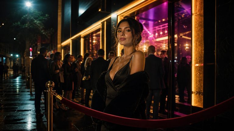 Confident woman behind a nightclub velvet rope symbolizing standards and self-respect in No Broke Boys by Disco Lines and Tinashe.