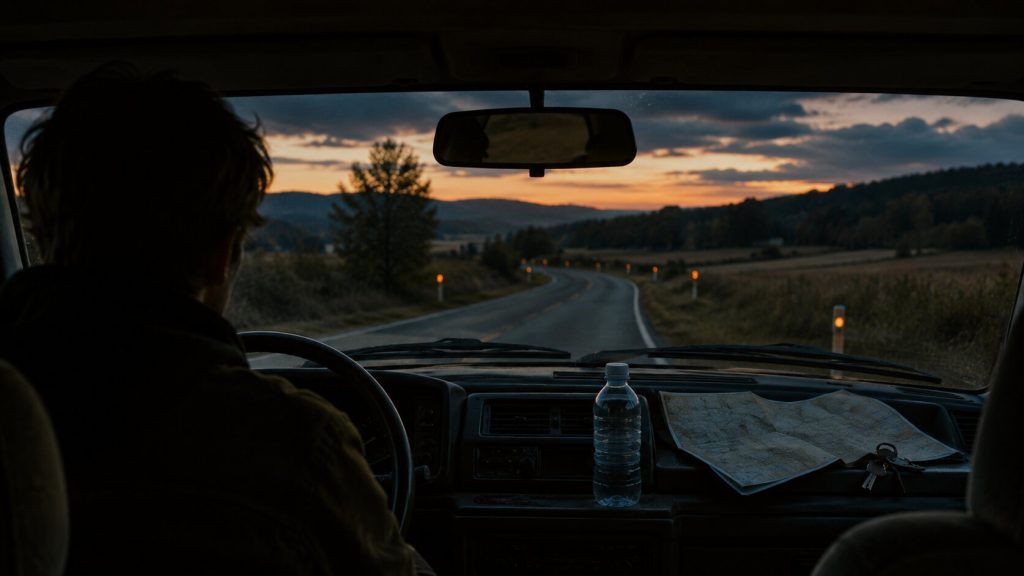Moody car interior on a Vermont road at dusk symbolizing sobriety, memory, and emotional change in Noah Kahan’s “End of August”