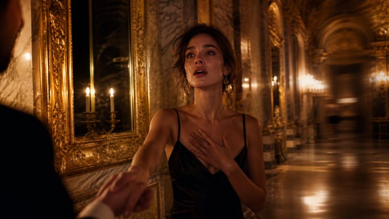 Cinematic palace hallway scene symbolizing the overwhelming first-date attraction in Olivia Rodrigo’s “drop dead”.