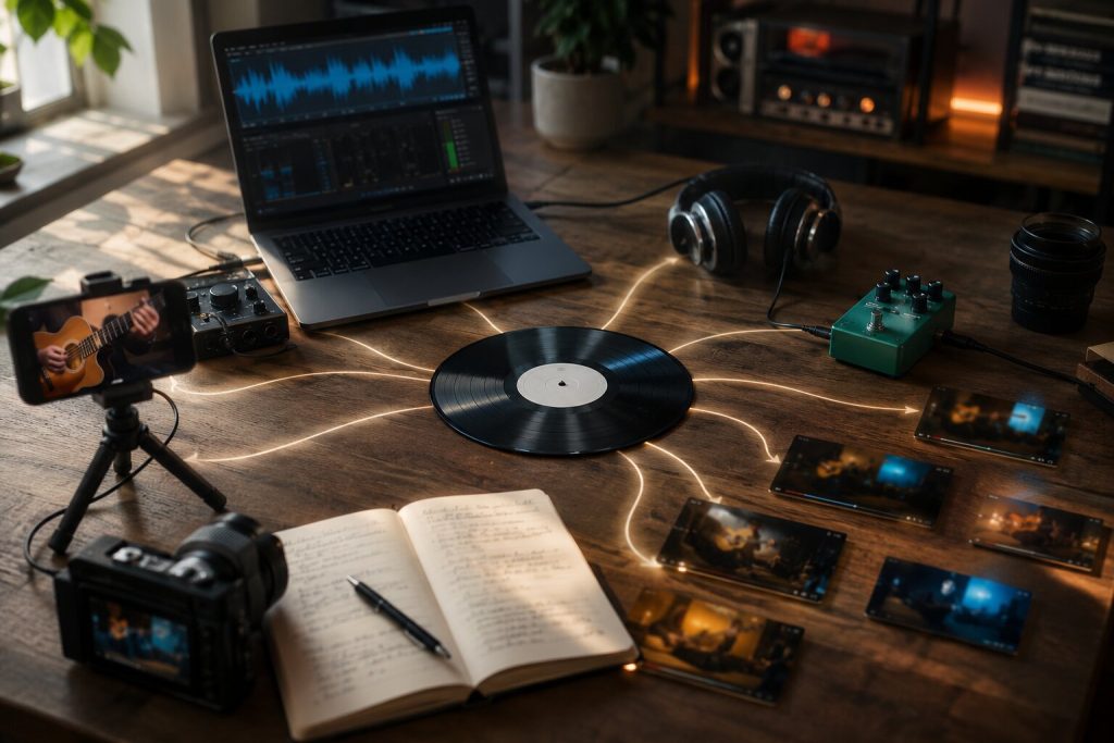 One song transformed into multiple short-form music promotion assets on a creative studio desk.