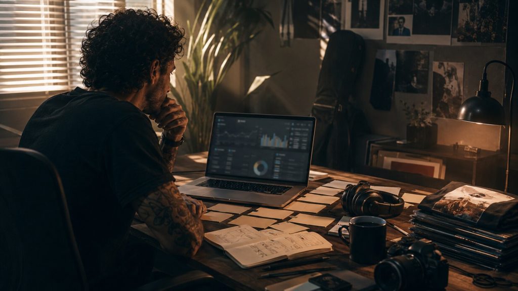 Independent artist reviewing music release campaign analytics after launch in a studio workspace.