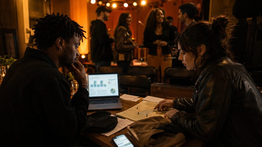 Independent artist reviewing real fan signals after a release, showing sustainable music growth instead of buying streams.