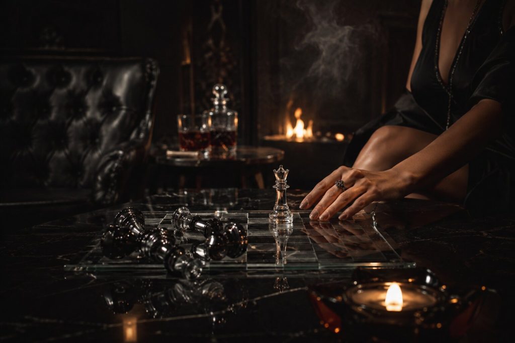 A cinematic chessboard scene with a queen piece and controlled fire symbolizing danger, desire, and power in “She Did It Again”