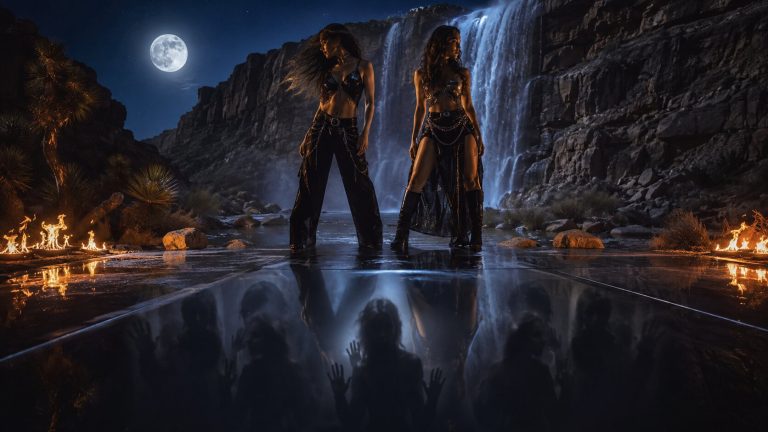 Two confident pop-inspired women in a cinematic desert scene with fire, mist, and reflections symbolizing the meaning of “She Did It Again” by Tyla and Zara Larsson.