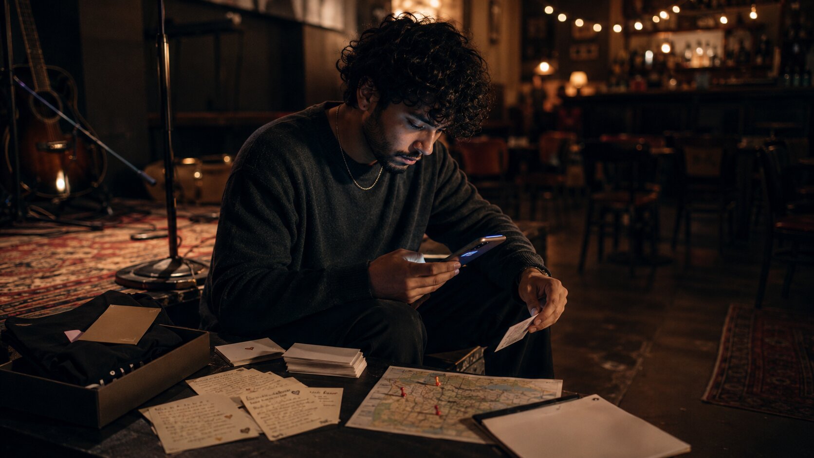 Independent artist reviewing fan response after a music release in a small venue.