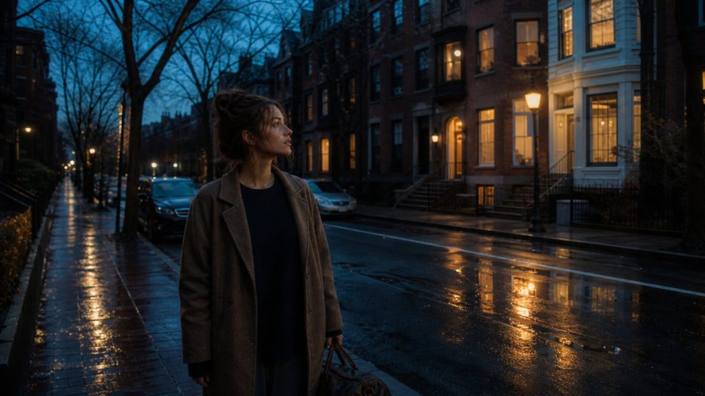 A young woman stands on a quiet Boston-inspired street, symbolizing entering another person’s world in Stella Lefty’s “Boston”.