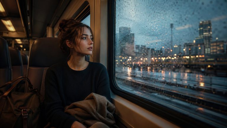 A young woman sits alone on a night train, symbolizing the emotional uncertainty and romantic momentum in Stella Lefty’s “Boston”.