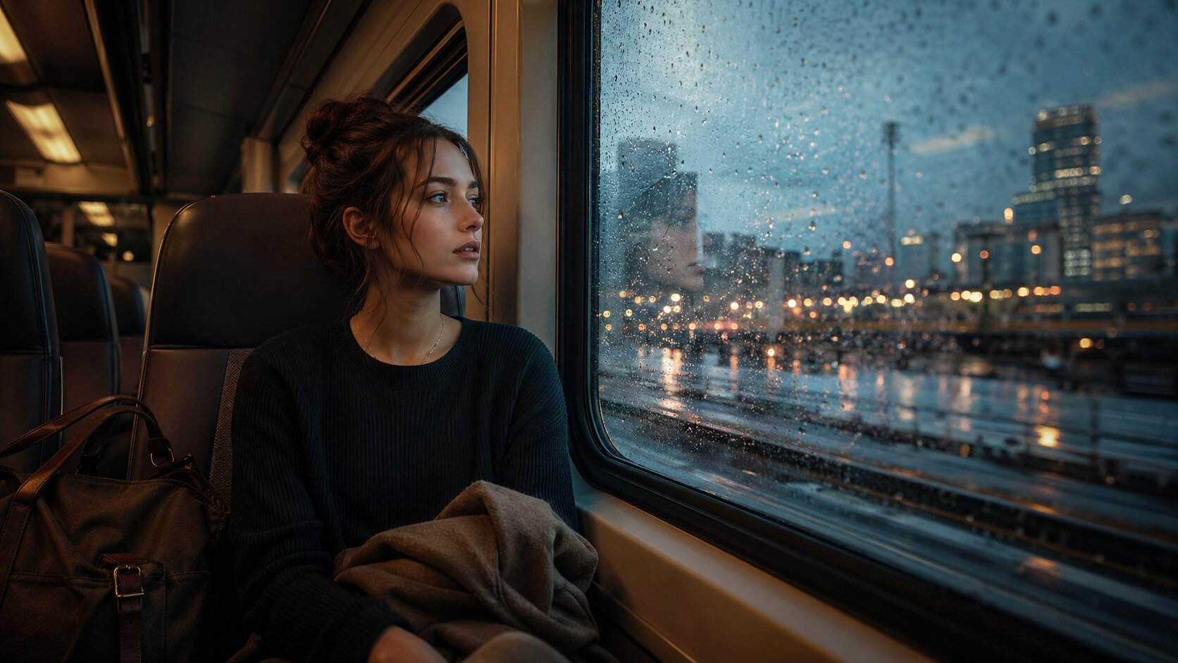 A young woman sits alone on a night train, symbolizing the emotional uncertainty and romantic momentum in Stella Lefty’s “Boston”.