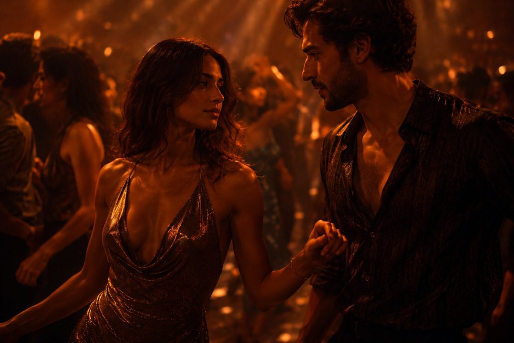 Two people communicating through movement on a warm dancefloor, representing the wordless meaning of “Talk To You” by ANOTR and 54 Ultra.