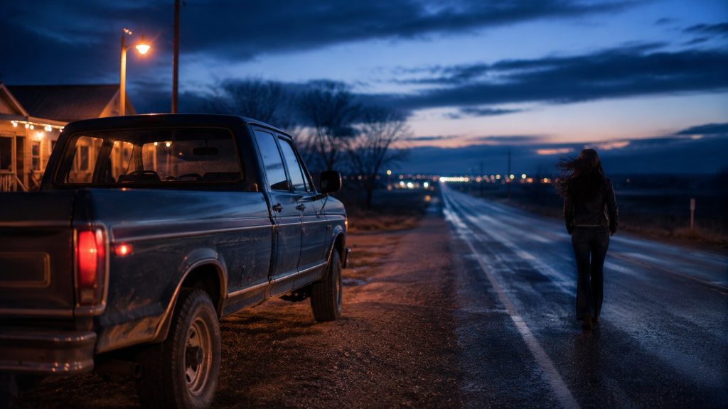 A cinematic rural highway scene symbolizing escape from heartbreak and old romantic patterns in Tucker Wetmore’s “Brunette”