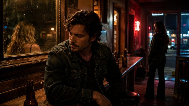 Cinematic country bar scene symbolizing the meaning of “Brunette” by Tucker Wetmore and breaking a romantic pattern after heartbreak.