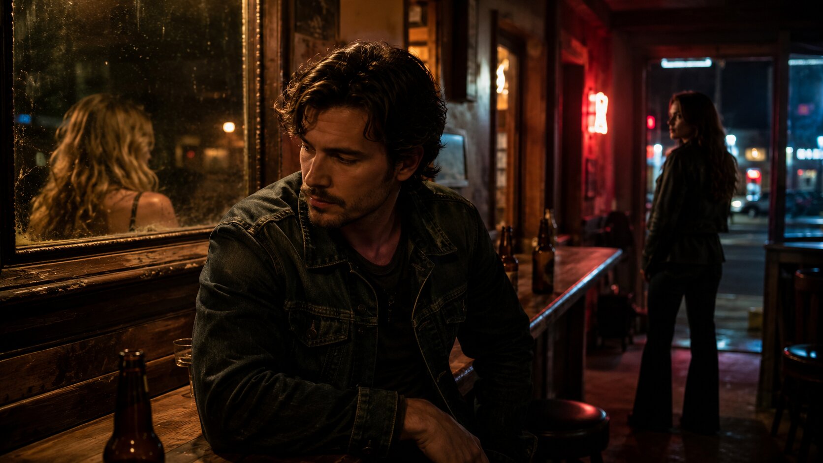 Cinematic country bar scene symbolizing the meaning of “Brunette” by Tucker Wetmore and breaking a romantic pattern after heartbreak.