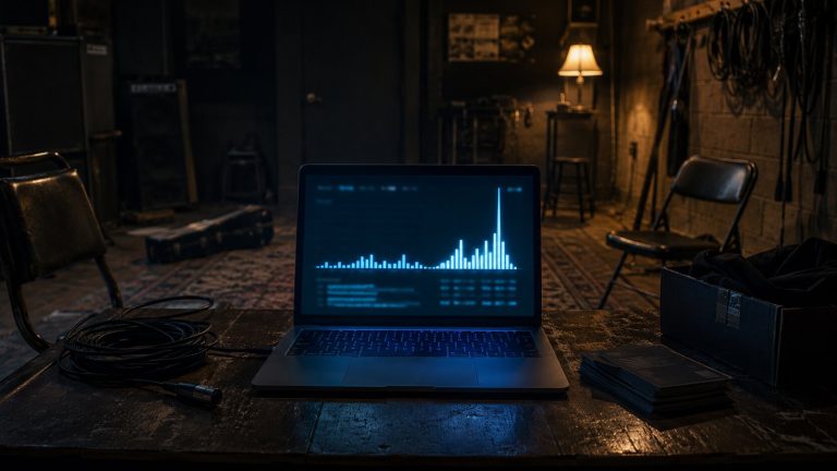 Empty rehearsal room with a glowing analytics dashboard, representing vanity streaming metrics without real fans.