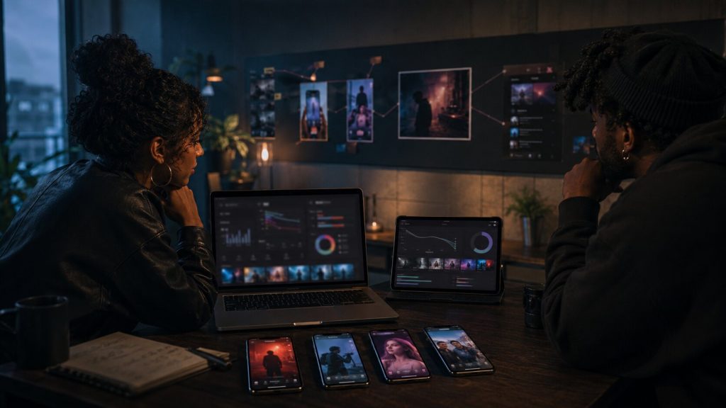 Independent artist reviewing Shorts strategy and analytics for a YouTube music video promotion campaign