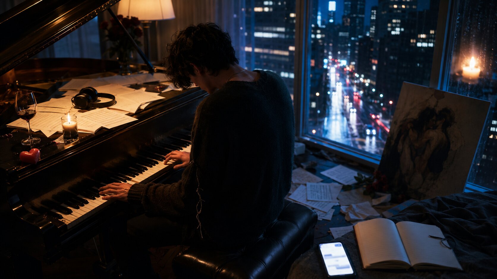 Late night piano in a moody room