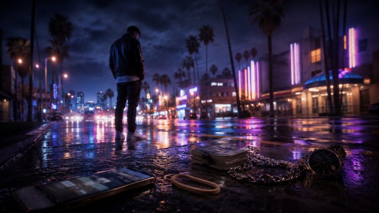 Neon reflections on a rainy street