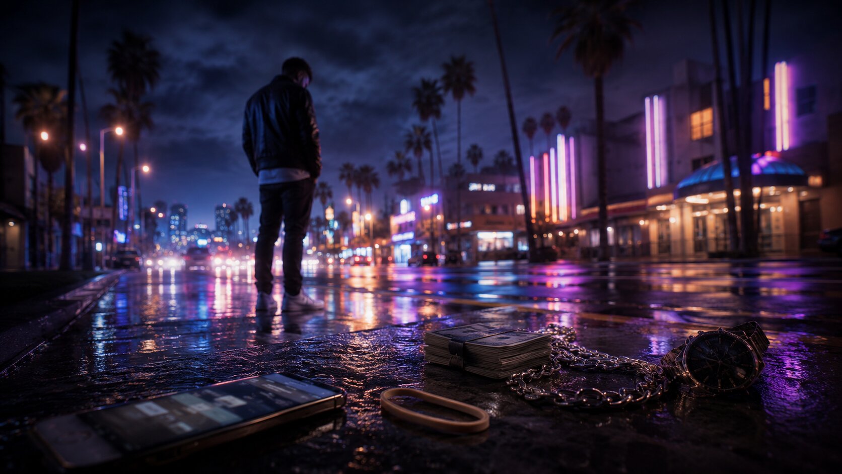 Neon reflections on a rainy street