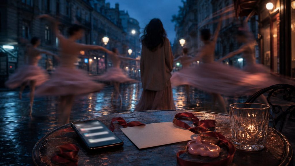 Rainy night cafe and dancers